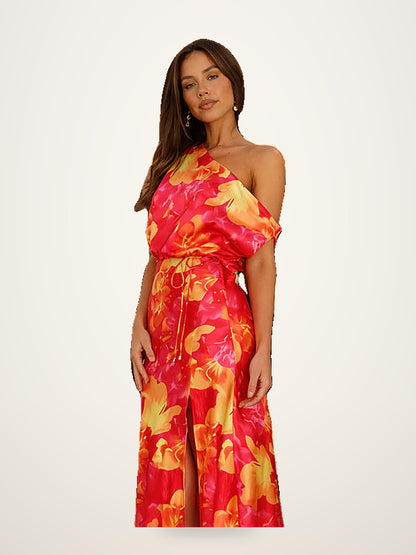 One-Shoulder Satin Floral Maxi Dress