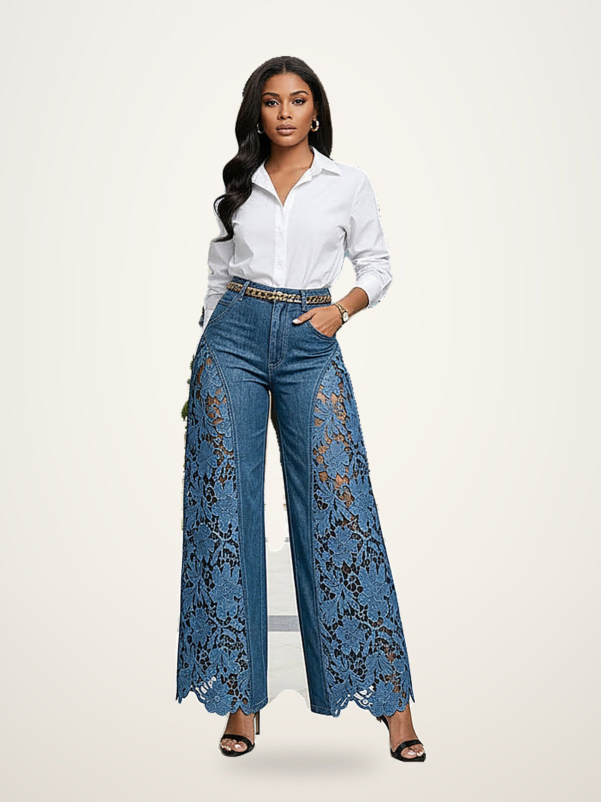 High-Waist Lace Panel Wide-Leg Jeans