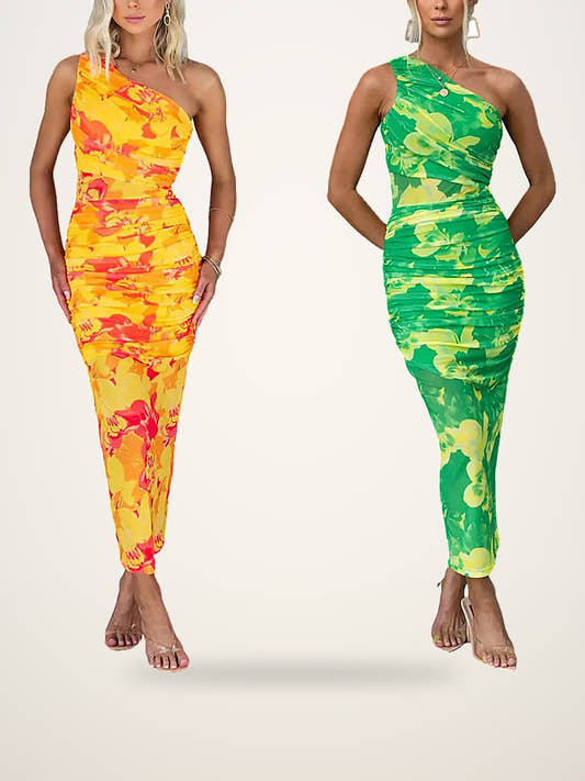 One-Shoulder Ruched Floral Midi Dress