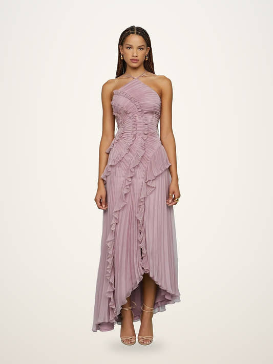 Pleated Ruffle Chiffon Halter Dress