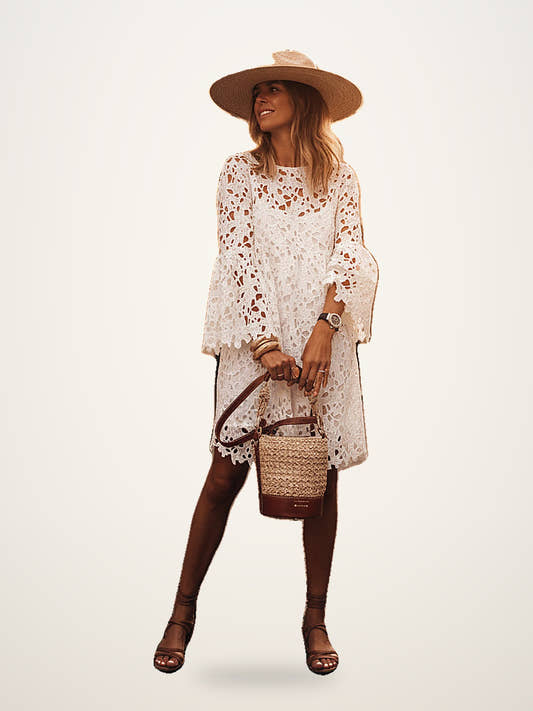 Lace Ruffle Flared Sleeve Dress - Round Neck