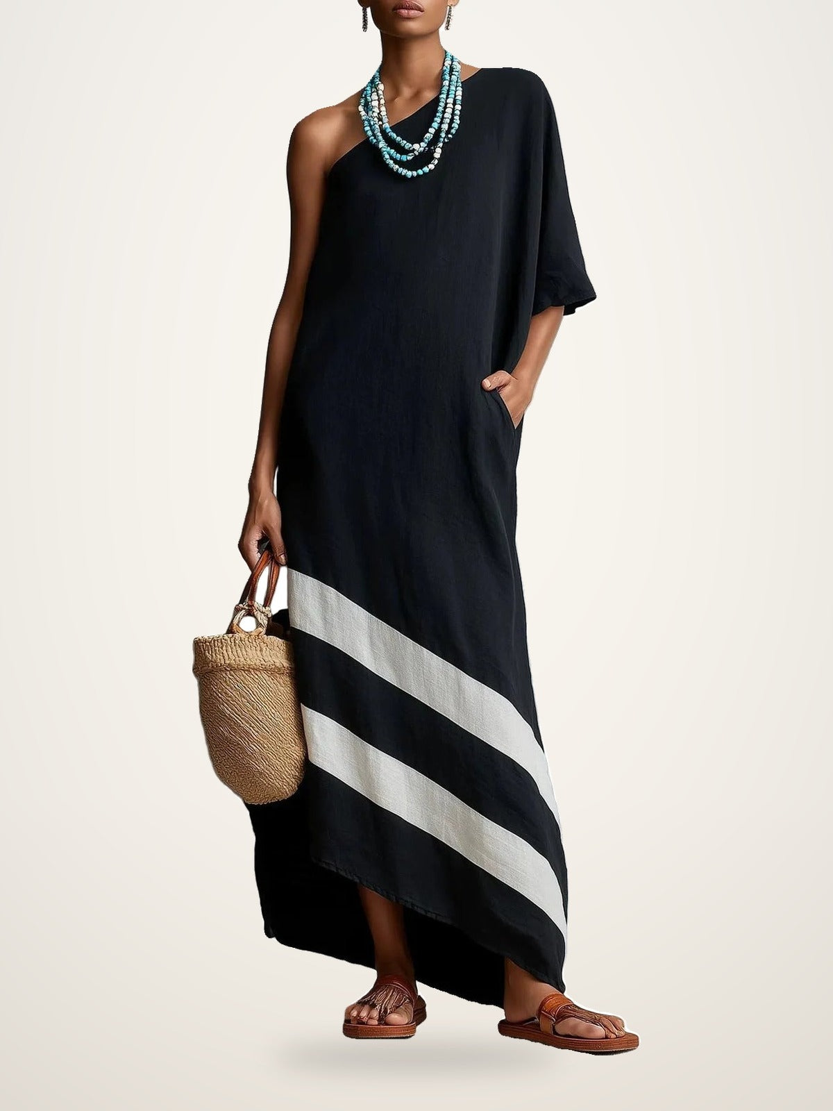 One-Shoulder Linen Color-Block Maxi Dress – photo 2