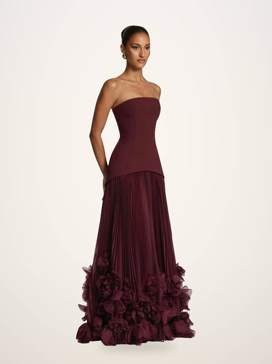Strapless Pleated Gown with Petal Hem