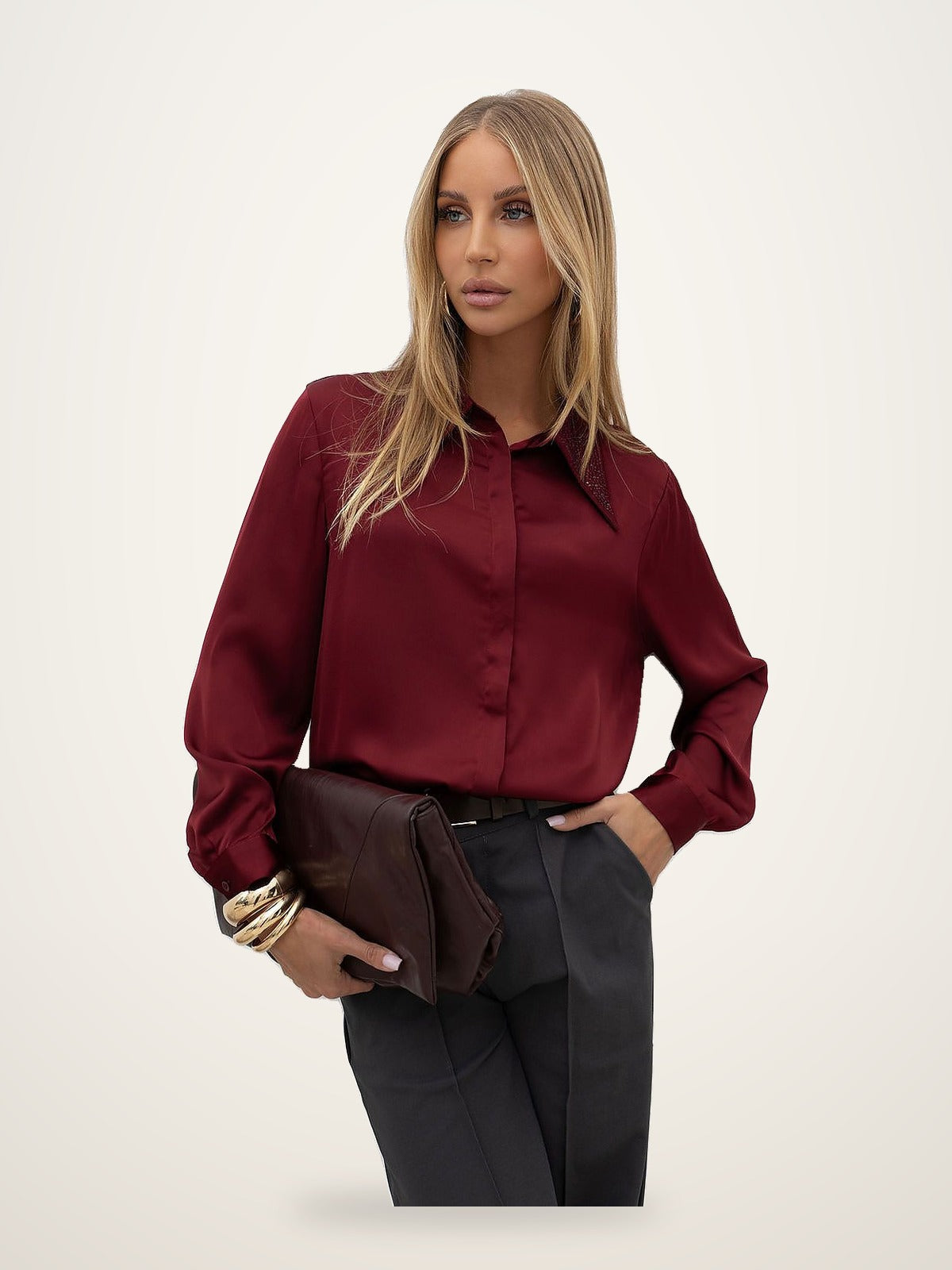 Satin Shirt with Jeweled Collar