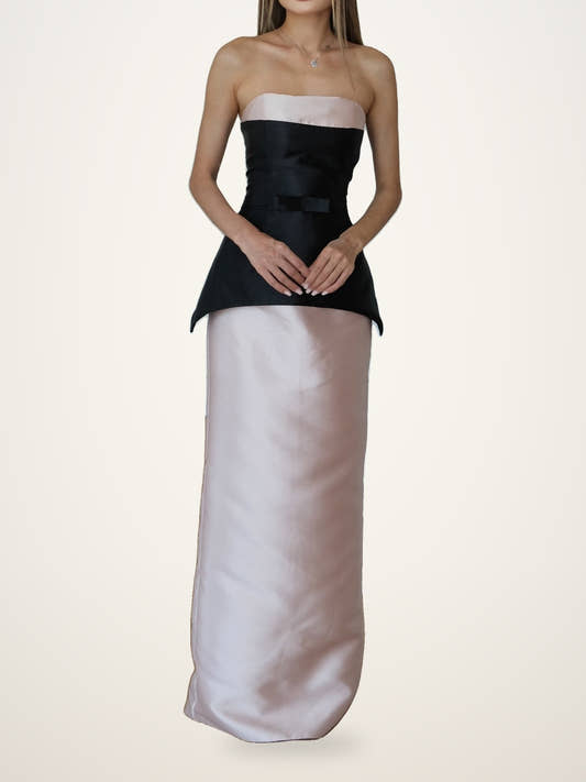 Two-Tone Satin Peplum Maxi Dress