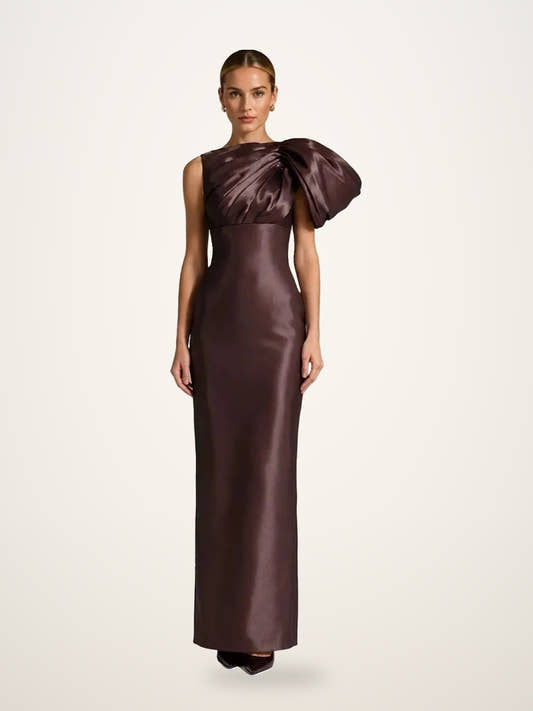 One-Shoulder Bow Satin Column Maxi Gown