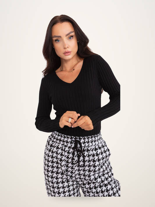 Black Ribbed V-Neck Sweater