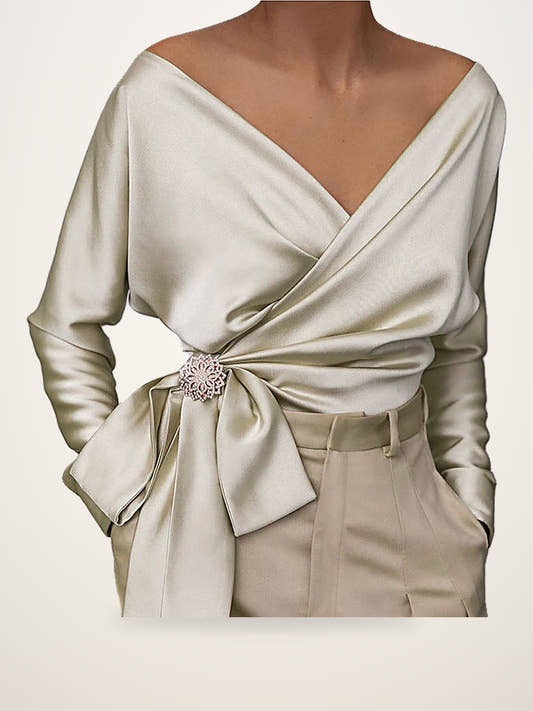 Off-Shoulder Wrap Blouse Tie-Front Top