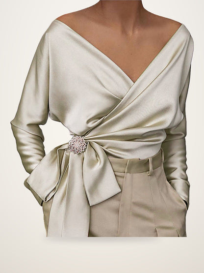 Off-Shoulder Wrap Blouse Tie-Front Top