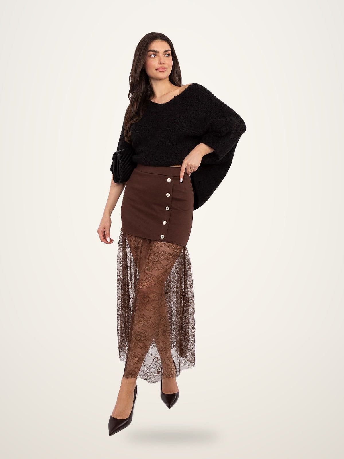 Brown Lace Insert Midi Skirt – photo 2