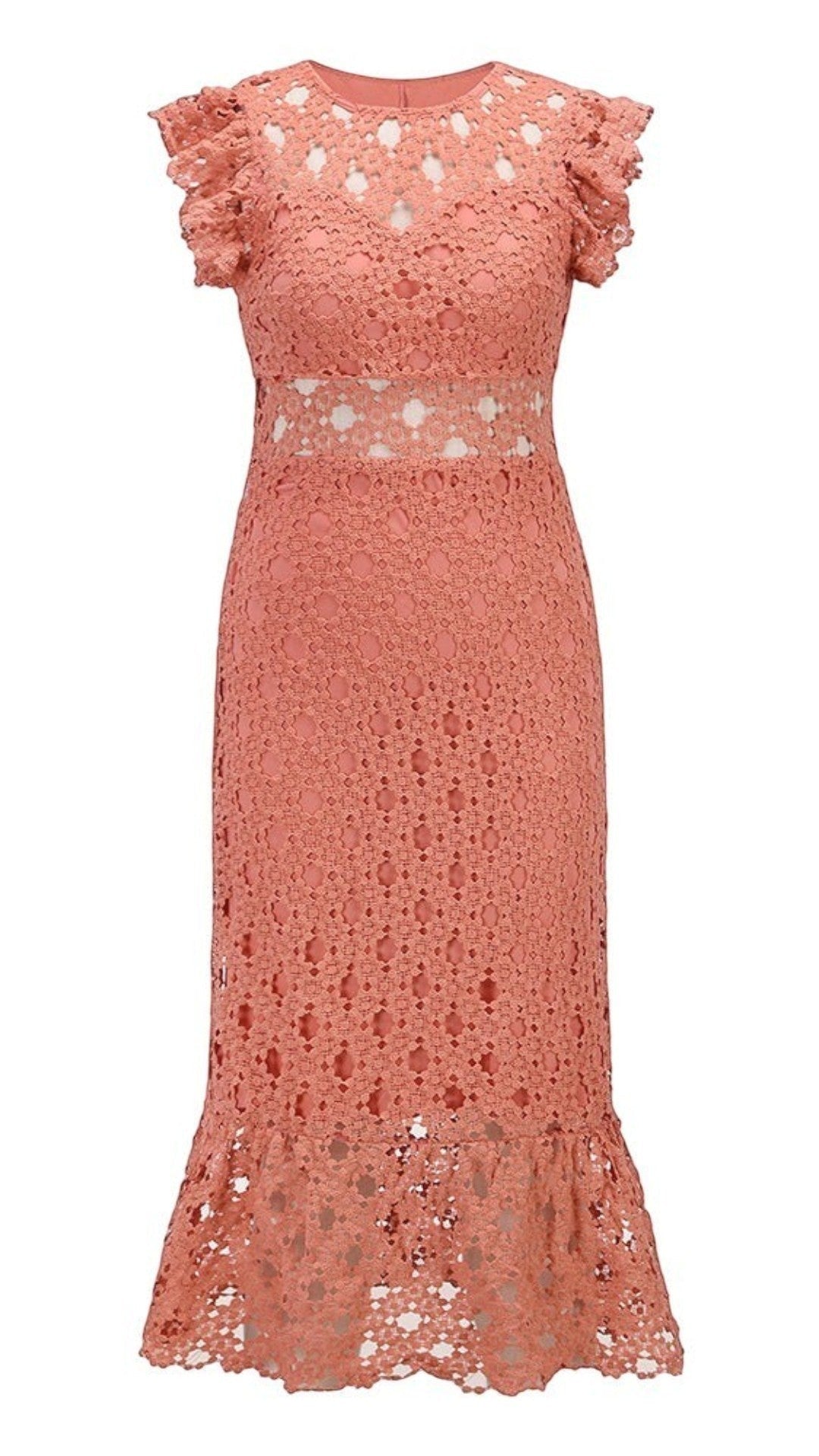 Uplift Luxe coral lace midi dress with ruffle sleeves and hem, featuring cut-out waist detail.