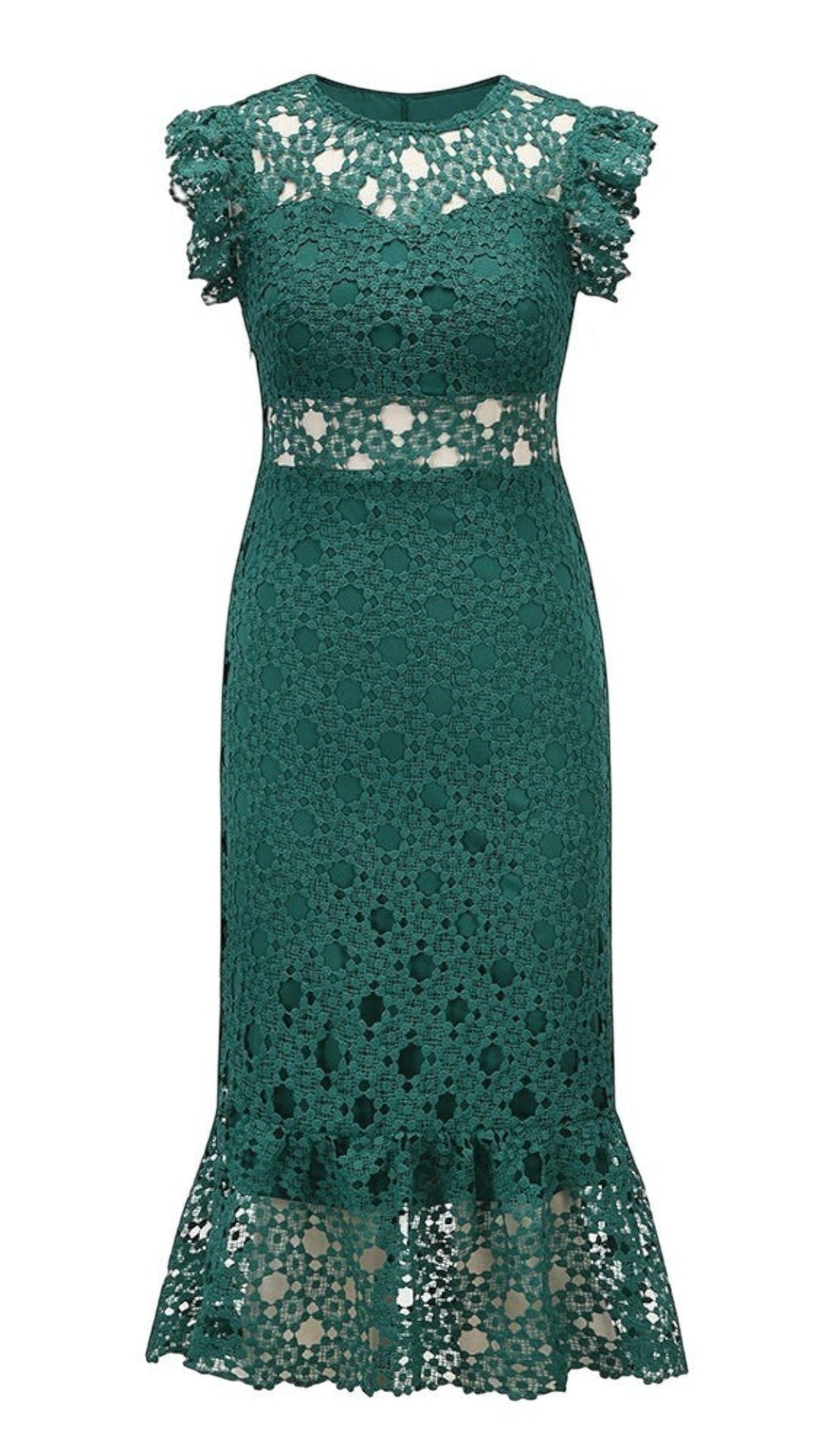Uplift Luxe green floral lace midi dress with ruffle sleeves and hem, featuring a cut-out waist detail.