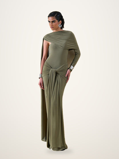 Draped Cape-Sleeve Column Maxi Dress