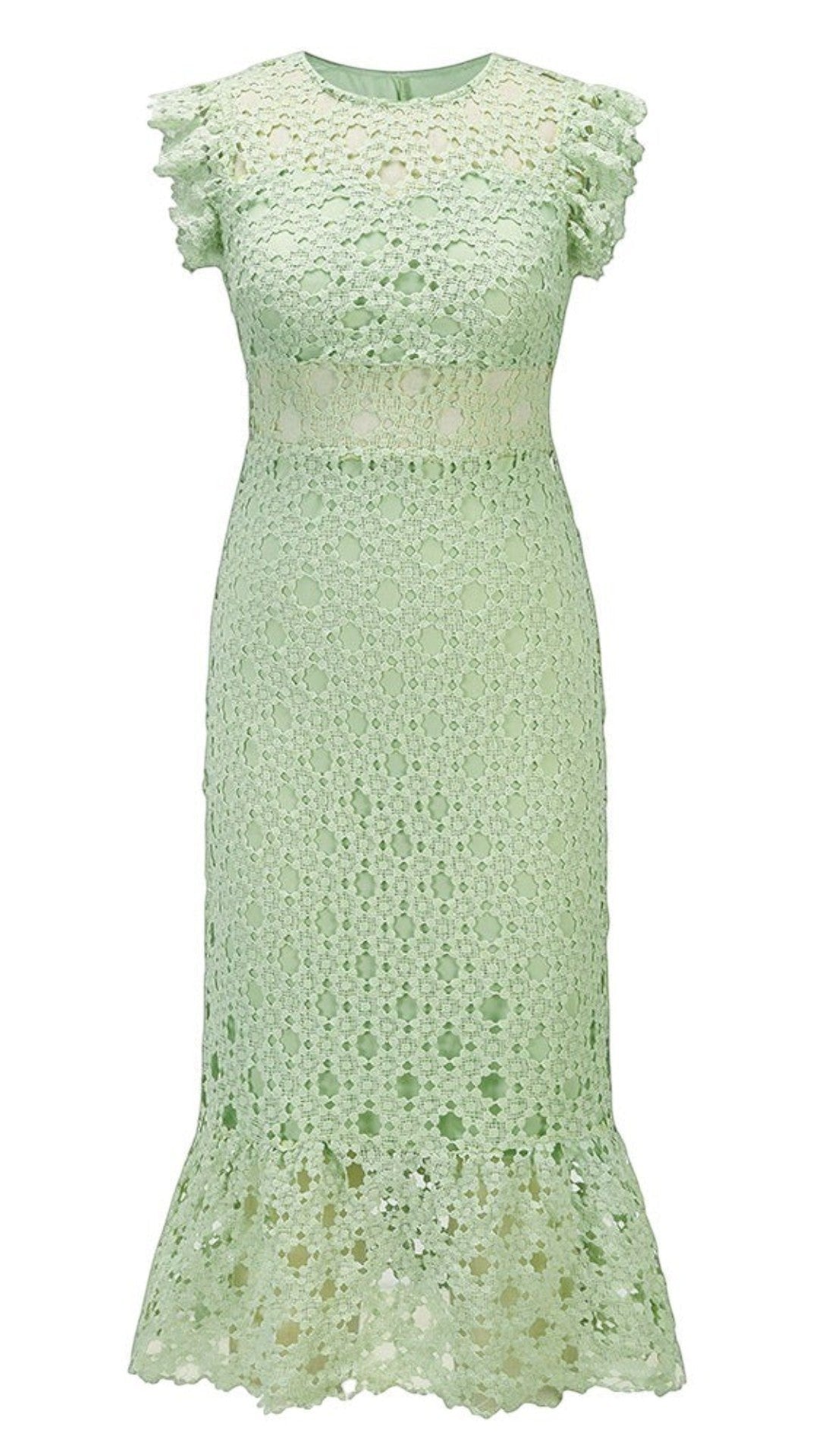 Uplift Luxe light green lace midi dress with ruffle sleeves and hem, featuring a cutout waist detail.