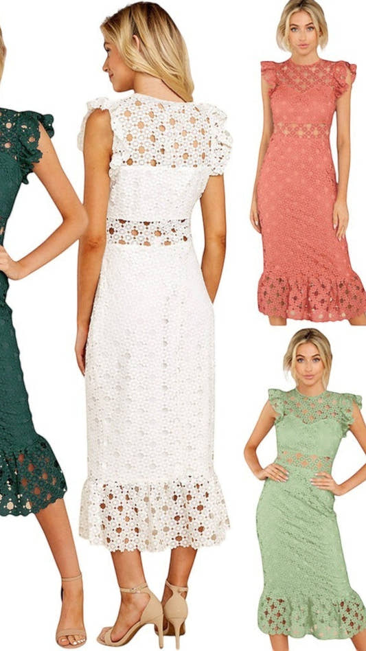Uplift Luxe white floral lace midi dress with ruffle sleeves and hem, cut-out waist detail.