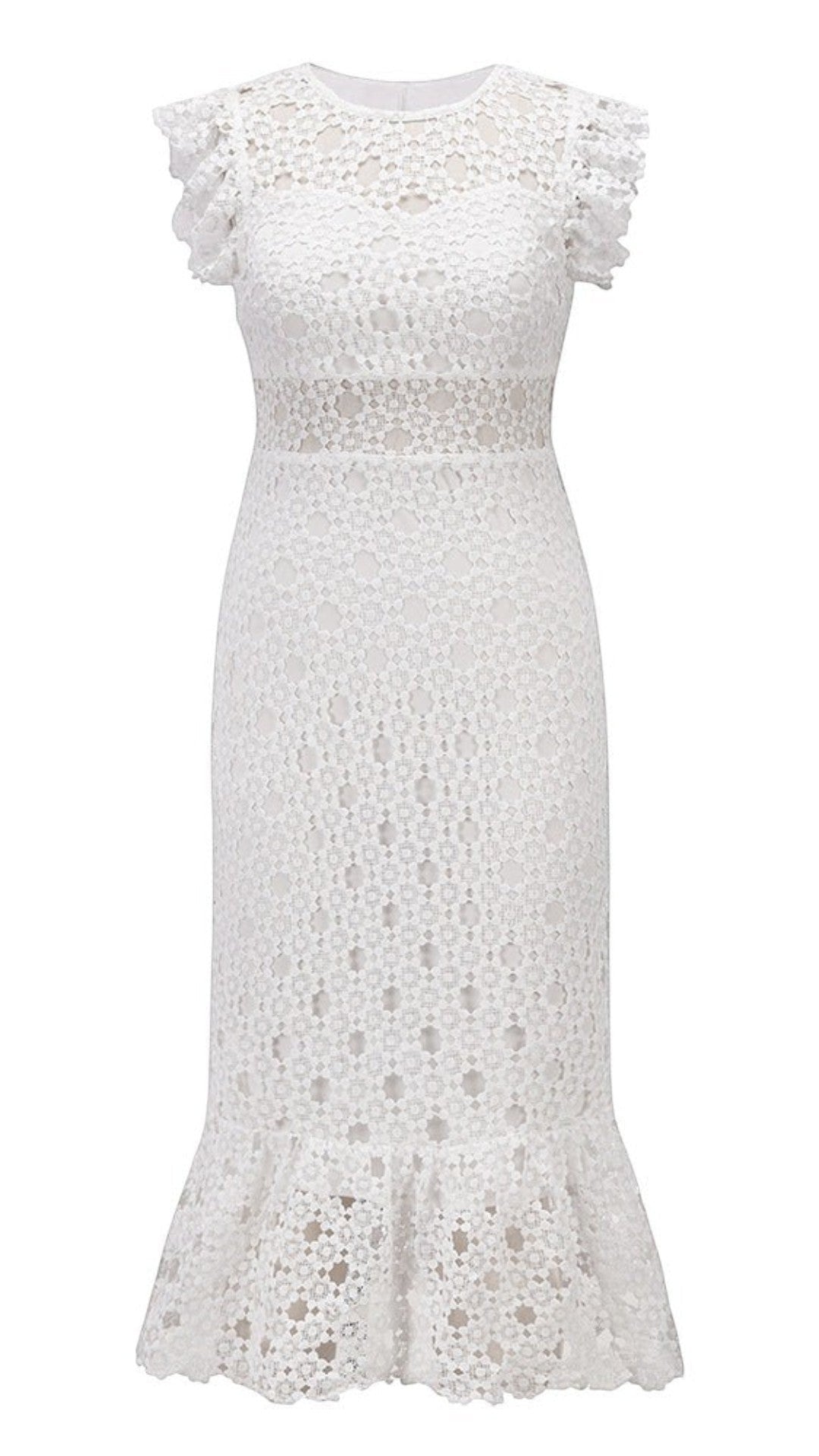 Uplift Luxe white lace midi dress with ruffle sleeves and hem, featuring a cut-out waist detail.